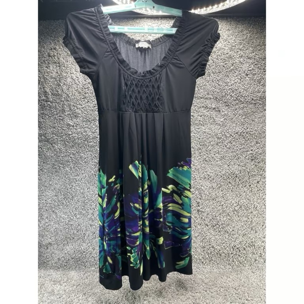 Black Short-Sleeve Dress with Green & Blue Print